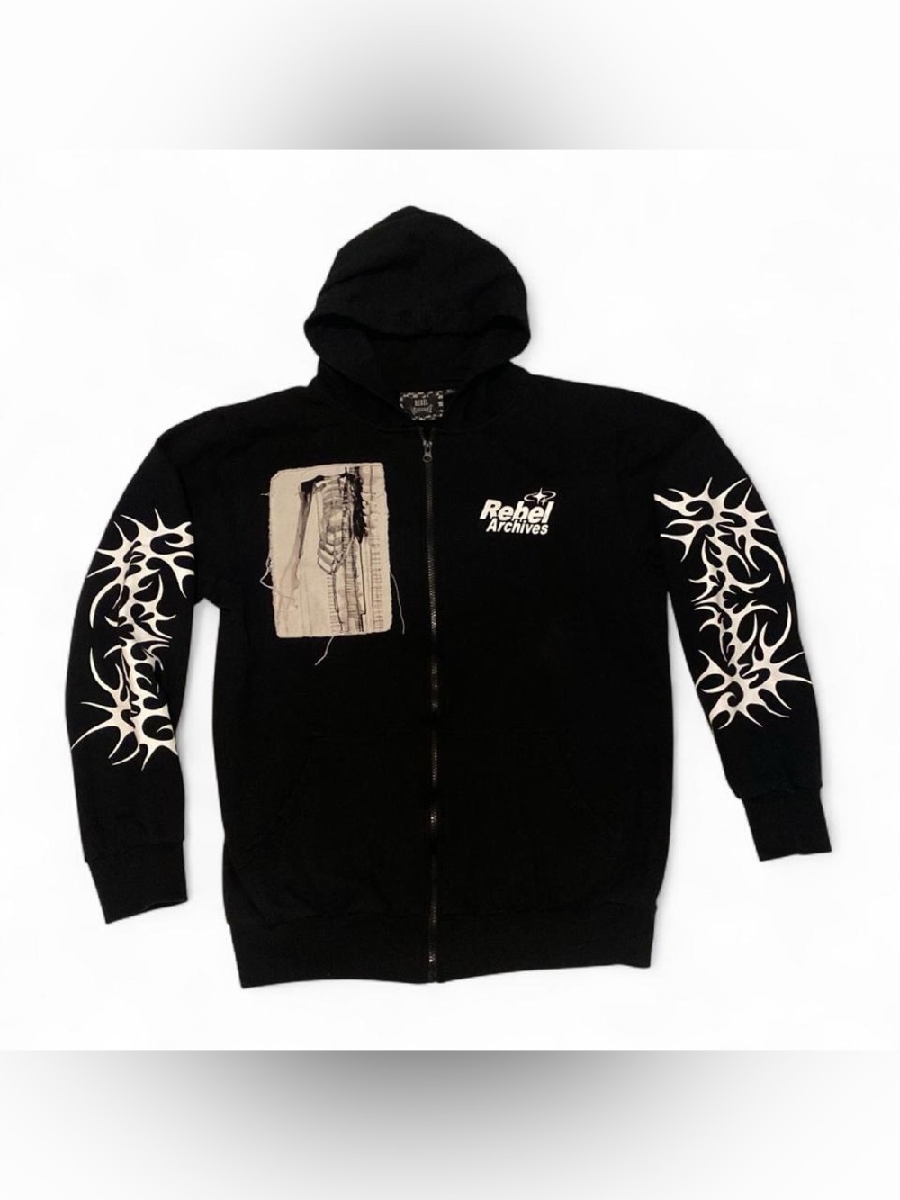 Rebel Vengeance Black Zip Hoodie with Skeleton Graphic Panels and Sleeve Art